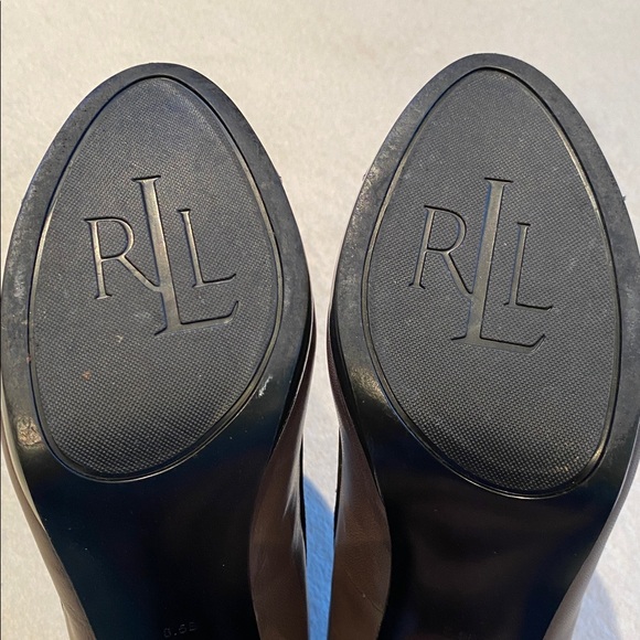 Lauren Ralph Lauren Mary Jane taupe leather gray patent platform heels Sz 8.5 - Picture 7 of 9